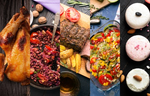 A spread of delicious dishes: roasted chicken, bean salad, beef, vegetable medley, and colorful desserts.