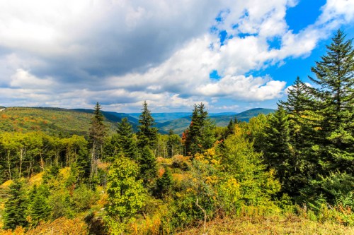A scenic view of lush green trees and rolling hills under a partly cloudy sky.