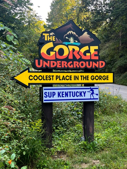 Sign for "The Gorge Underground" with text "Coolest Place in the Gorge" and directional arrow, surrounded by greenery.