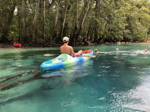 A person in a kayak on a clear river surrounded by trees, with others swimming nearby.