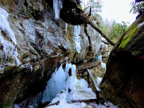 A rocky canyon with icicles and a wooden walkway, surrounded by trees and winter scenery.