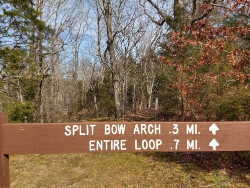 Trail sign indicating directions to Split Bow Arch (0.3 miles) and Entire Loop (7 miles) in a wooded area.