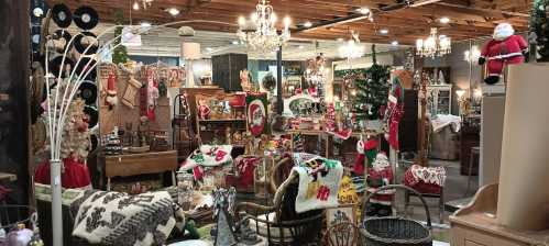 A cozy holiday-themed shop filled with decorations, vintage items, and festive displays, including Santa and stockings.