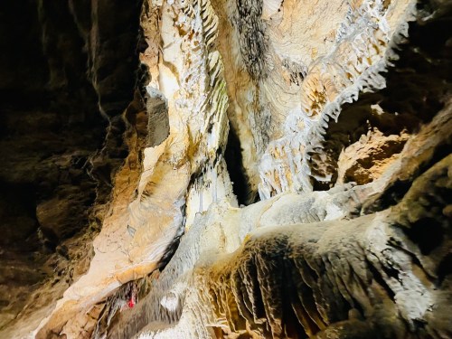 A close-up view of textured cave walls with intricate formations and subtle lighting highlighting the natural features.
