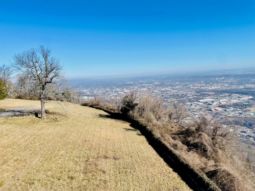A panoramic view of a city from a hillside, with clear blue skies and sparse trees in the foreground.