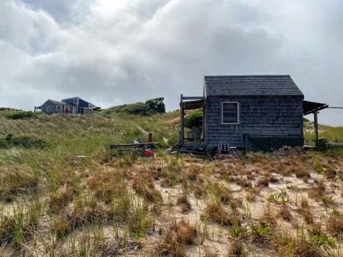 Two rustic beach cottages on a grassy dune under a cloudy sky, surrounded by tall grass and sandy terrain.