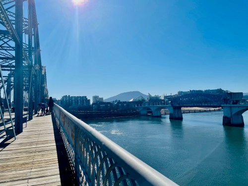 A sunny day view from a bridge, with a river, buildings, and a mountain in the background.