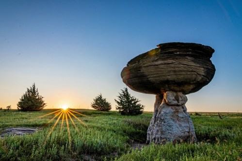 A large, mushroom-shaped rock formation at sunrise, surrounded by green grass and small trees.