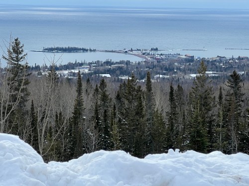 A snowy landscape with evergreen trees overlooking a coastal town by a lake, under a clear blue sky.