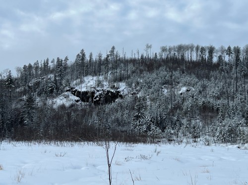 Snow-covered landscape with a forested hill and rocky outcrop under a cloudy sky.