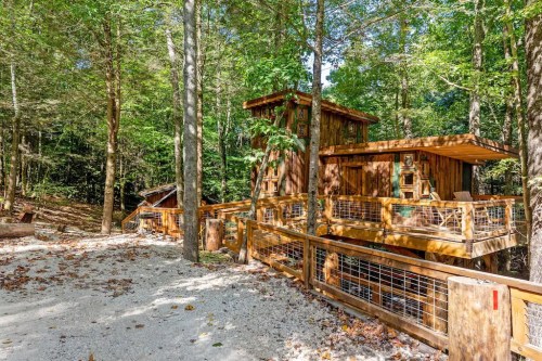 A rustic wooden treehouse surrounded by lush green trees, with a gravel path leading to it.