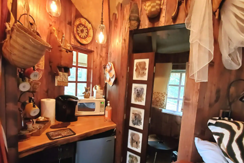 Cozy interior of a small cabin with wooden walls, a kitchenette, and decorative items hanging. Warm lighting adds charm.
