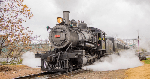 A vintage steam locomotive emits steam as it travels along the tracks on a cloudy day.