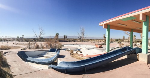 An abandoned slide in the middle of the Mojave Desert, once know as Lake Dolores Waterpark in California.