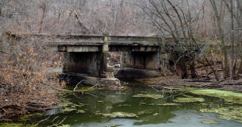 Abandoned concrete bridge over a murky, algae-covered pond, surrounded by bare trees and overgrown vegetation.