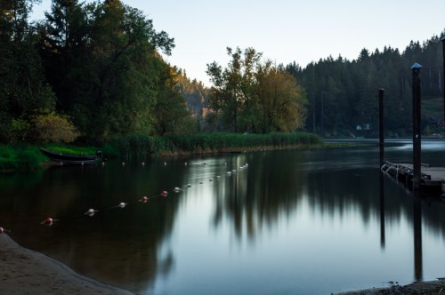Serene lake scene at dawn, surrounded by trees, with a calm water surface and a dock in the foreground.