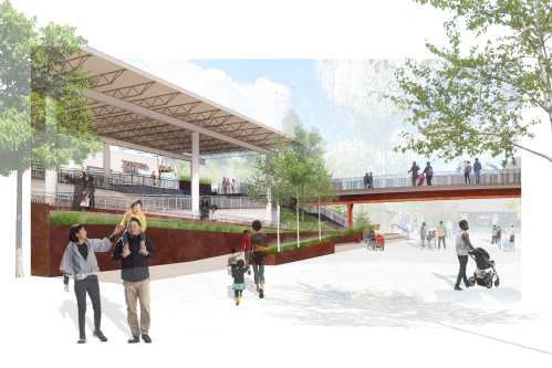 A vibrant public space featuring people walking, a playground, and greenery under a large canopy structure.