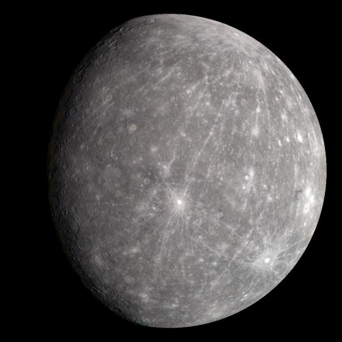 A detailed view of Mercury, showcasing its gray surface and numerous craters against a black background.