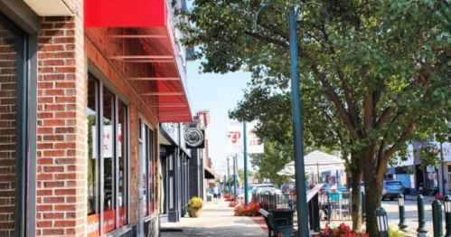 A sunny street scene featuring brick storefronts, green trees, and colorful flower planters along the sidewalk.