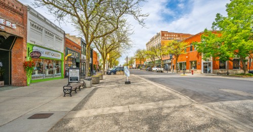 A look down an empty main street in Moscow, Idaho.