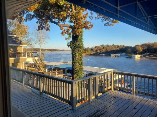 View of a serene lake with boats, framed by a wooden deck and a tree covered in ivy, under a clear blue sky.
