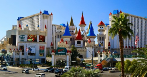 Excalibur Hotel and Casino - Built in 1990, named for the mythical sword of King Arthur. The resort uses Medieval themes throughout. Las Vegas, Nevada, USA