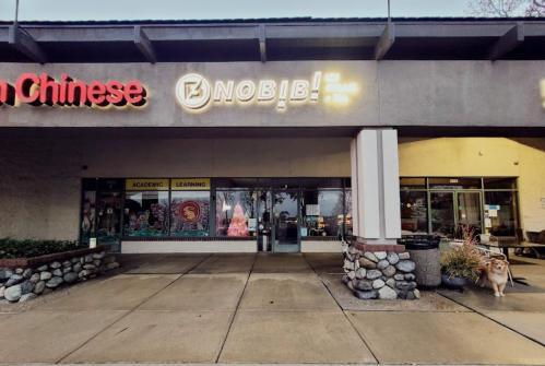 A storefront with signs for a Chinese restaurant and a learning center, featuring a dog on the sidewalk.