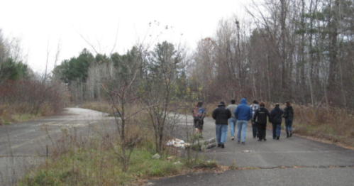 A group of people walking on a deserted road surrounded by overgrown vegetation and trees in a rural area.