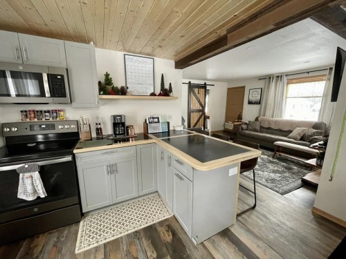 Modern kitchen with gray cabinets, stainless steel appliances, and a cozy living area visible in the background.