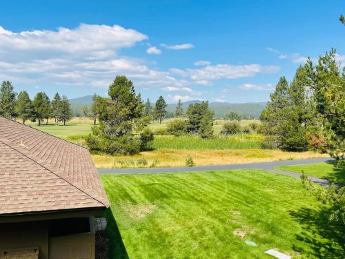 A scenic view of a green landscape with trees and a blue sky, seen from a house rooftop.