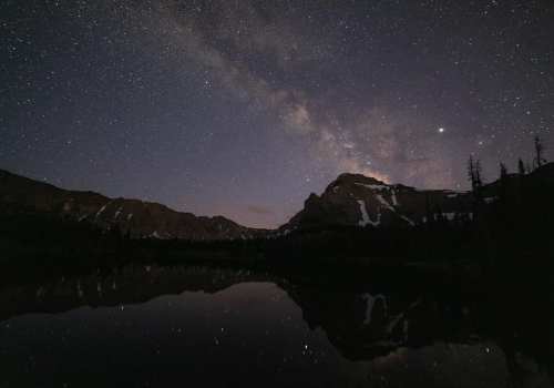 A starry night sky with the Milky Way reflected in a calm lake, surrounded by mountains and trees.