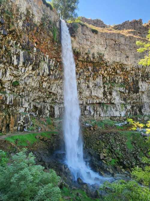 A tall waterfall cascading down a rocky cliff, surrounded by lush greenery and a clear blue sky.