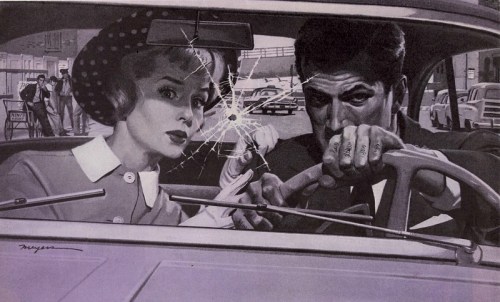 A tense couple in a car, with a cracked windshield, as they look anxiously ahead. Retro style illustration.