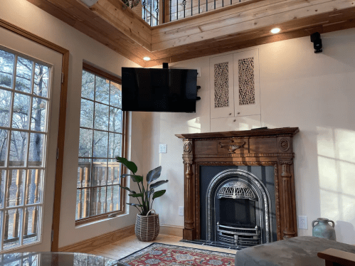 Cozy living space with a fireplace, TV, large windows, and a potted plant, featuring wooden accents and a rug.