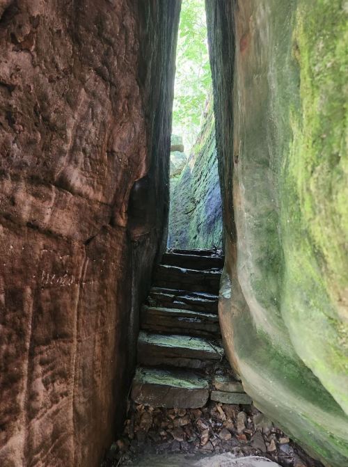 Narrow stone passageway with steps leading through moss-covered rock formations and greenery above.
