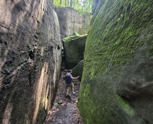 A person walking through a narrow canyon surrounded by tall, moss-covered rock walls in a forested area.
