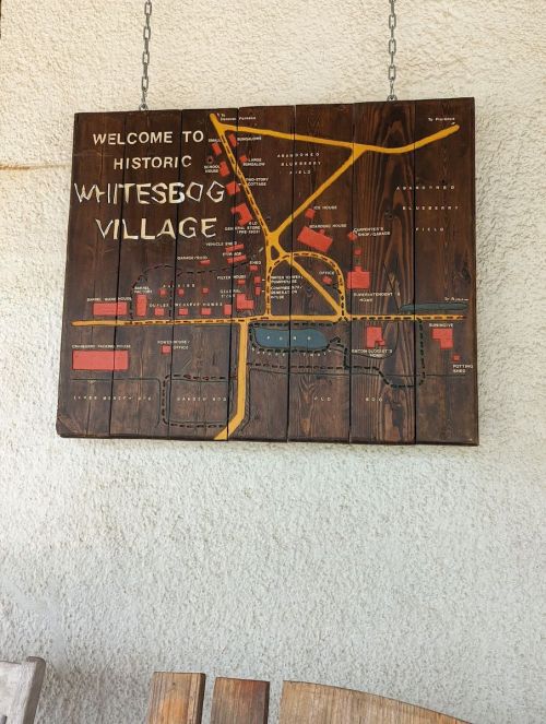 Signboard map of historic Whitesbog Village, featuring labeled locations and a rustic wooden design.
