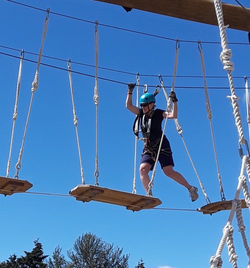 A person in a blue helmet balances on a rope course, navigating between wooden platforms high above the ground.