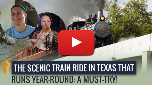 A scenic train ride in Texas with a video play button, featuring two people discussing the experience.