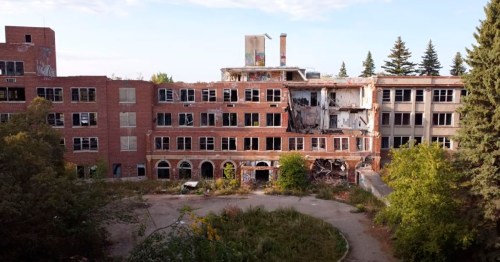 Abandoned building with broken windows, overgrown vegetation, and graffiti on the walls, set against a clear sky.
