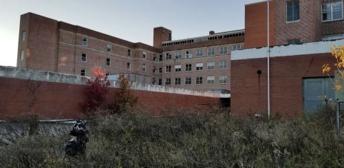 Abandoned brick building with overgrown vegetation and a wall in the foreground, under a clear sky.
