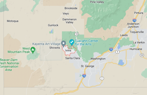 Map showing the area around Ivins, Santa Clara, and Tuacahn Center for the Arts in southern Utah.