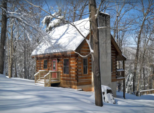 A cozy log cabin surrounded by snow-covered trees on a bright winter day.