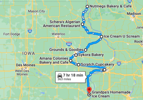 Map showing a route from Grandpa's Homemade Ice Cream to various bakeries and restaurants in Iowa, totaling 363 miles.
