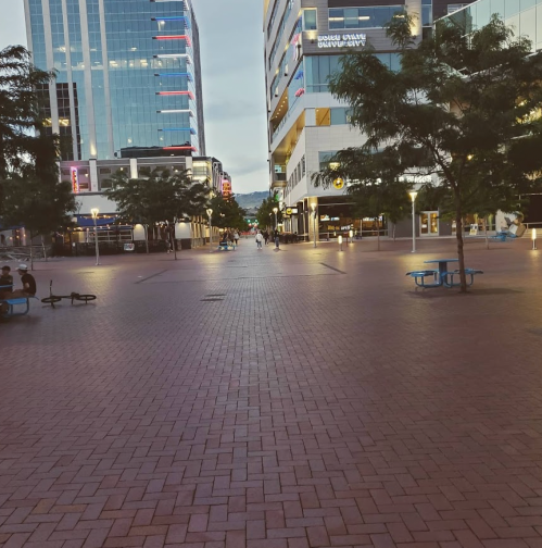 A wide, empty plaza with brick pavement, surrounded by modern buildings and trees, under a cloudy sky.