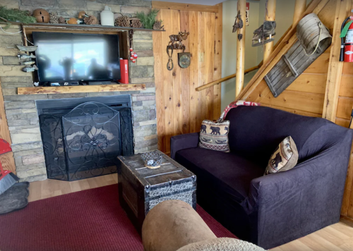 Cozy living room with a stone fireplace, TV, dark sofa, wooden accents, and rustic decor.