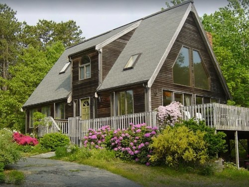 A charming wooden house with a sloped roof, surrounded by vibrant flowers and greenery.