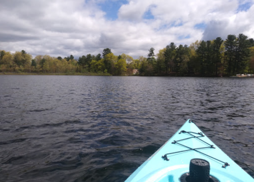 A view from the front of a kayak on a calm lake, surrounded by trees and cloudy skies.