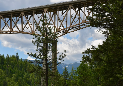 A tall bridge spans over a forested area, with mountains visible in the background under a partly cloudy sky.