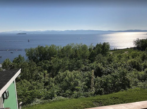 A serene view of a lake surrounded by greenery, with distant mountains and a clear blue sky.